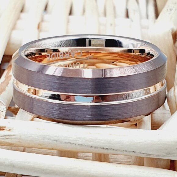 Brown and Rose Gold Tungsten Men's Wedding Ring, GALTUN600 - Picture 3 of 10